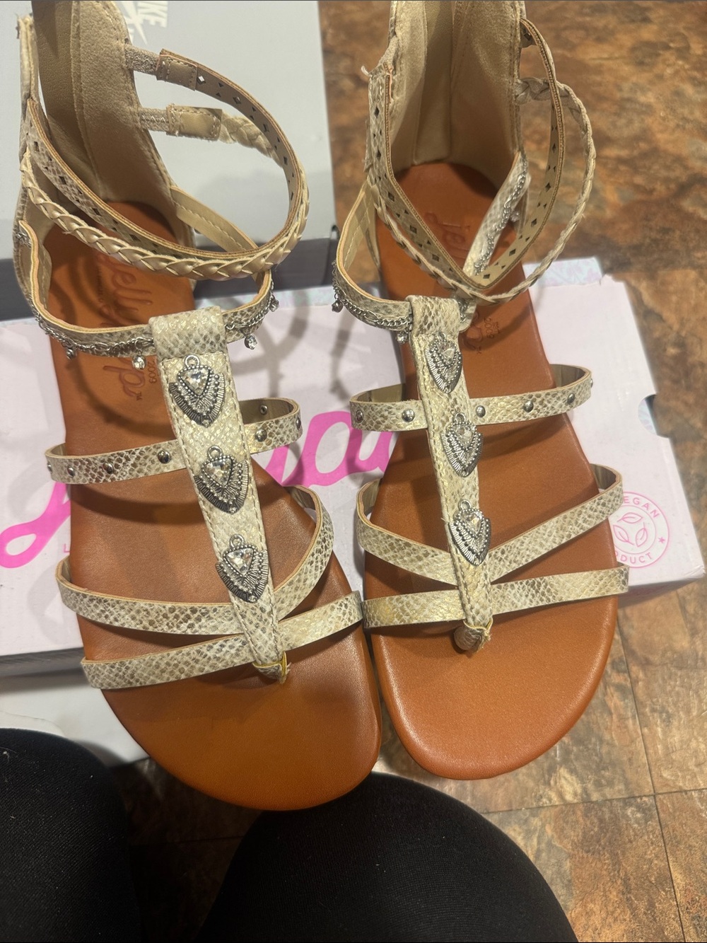 Jellypop Beige Snake-Print Heart-Embellished Gladiator Sandals